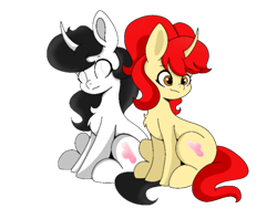 Size: 1452x1150 | Tagged: artist needed, safe, oc, oc only, oc:taoyvfei, pony, unicorn, 2024 community collab, derpibooru community collaboration, curved horn, duo, female, horn, mare, simple background, transparent background, unicorn oc