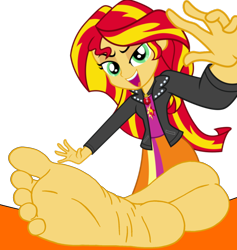 Size: 2000x2107 | Tagged: safe, artist:declucivemario2842, sunset shimmer, human, equestria girls, g4, barefoot, base used, clothes, feet, female, fetish, foot fetish, foot focus, looking at you, open mouth, soles, toes