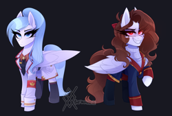 Size: 2677x1814 | Tagged: safe, artist:thewandie, oc, oc only, oc:melancholy, oc:opal rosamond, pegasus, pony, black background, clothes, commission, duo, duo female, eye clipping through hair, eyebrows, eyebrows visible through hair, female, folded wings, frown, glowing, glowing eyes, grin, high res, mare, pegasus oc, raised hoof, red eyes, signature, simple background, smiling, wings