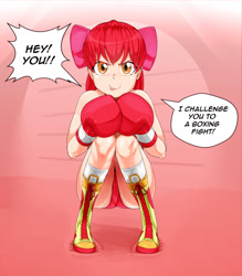 Size: 904x1031 | Tagged: safe, artist:pugilismx, apple bloom, human, g4, boxing gloves, humanized, looking at you, solo, speech bubble, squatting, talking to viewer