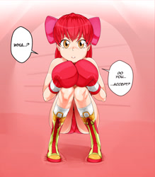 Size: 904x1031 | Tagged: safe, artist:pugilismx, apple bloom, human, g4, boxing gloves, humanized, looking at you, solo, speech bubble, squatting, talking to viewer