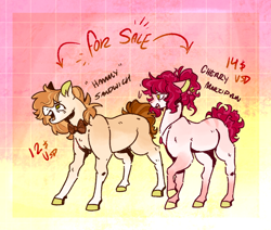 Size: 1280x1086 | Tagged: safe, artist:ayartzramen, artist:kinda-lost, oc, oc only, oc:cherry marzipan, oc:hammy sandwich, earth pony, pony, bowtie, brother and sister, duo, female, gradient background, male, offspring, parent:cheese sandwich, parent:pinkie pie, parents:cheesepie, siblings, text