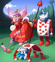 Size: 5800x6500 | Tagged: safe, artist:wigmania, princess cadance, shining armor, oc, oc:feathertrap, alicorn, bird, flamingo, hedgehog, unicorn, anthro, unguligrade anthro, g4, absurd resolution, alice in wonderland, arm hooves, backbend, blush lines, blushing, breasts, busty princess cadance, cleavage, clothes, commission, croquet, dress, female, frown, hoof hold, male, mare, one eye closed, playing card, queen of hearts, ruff (clothing), smiling, spear, spread wings, stallion, wavy mouth, weapon, wings