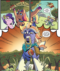 Size: 586x695 | Tagged: safe, idw, official comic, pipp petals, sunny starscout, tracy tailspin, earth pony, pegasus, pony, g5, kenbucky roller derby #1, my little pony: kenbucky roller derby, spoiler:comic, spoiler:g5comic, apple, comic, cowboy hat, female, food, hat, lasso, mane stripe sunny, mare, neckerchief, onomatopoeia, rope, trio