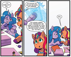 Size: 576x460 | Tagged: safe, idw, official comic, izzy moonbow, sunny starscout, earth pony, pony, unicorn, g5, kenbucky roller derby #1, my little pony: kenbucky roller derby, spoiler:comic, spoiler:g5comic, :3, comic, dialogue, duo, female, hoofshake, mane stripe sunny, mare, shipping fuel