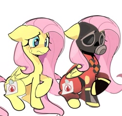 Size: 1080x1028 | Tagged: safe, artist:yen00280, fluttershy, pegasus, pony, g4, fake cutie mark, female, flutterpyro, mare, nervous, pyro (tf2), simple background, solo, team fortress 2, white background