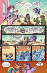 Size: 599x924 | Tagged: safe, idw, official comic, pipp petals, sunny starscout, tracy tailspin, earth pony, pegasus, pony, g5, kenbucky roller derby #1, my little pony: kenbucky roller derby, spoiler:comic, spoiler:g5comic, cactus, comic, desert, dialogue, female, mane stripe sunny, mare, phone, skates, train, train tracks, unnamed character, unnamed pony