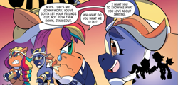 Size: 601x289 | Tagged: safe, idw, official comic, sunny starscout, tracy tailspin, earth pony, pony, g5, spoiler:comic, spoiler:g5comic, comic, crying, dialogue, female, helmet, mane stripe sunny, mare, my little pony: kenbucky roller derby, silhouette, skates