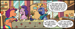 Size: 1861x728 | Tagged: safe, idw, official comic, pipp petals, sunny starscout, tracy tailspin, earth pony, pegasus, pony, g5, spoiler:comic, spoiler:g5comic, apple, apple cider, apple pie, cactus, comic, cowboy hat, dialogue, female, food, hat, helmet, mane stripe sunny, mare, my little pony: kenbucky roller derby, pie, skates, table, tablecloth, trio, window