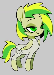 Size: 1080x1506 | Tagged: safe, artist:yen00280, oc, oc only, oc:wooden toaster, pegasus, pony, gray background, green eyes, green mane, simple background, smiling, solo