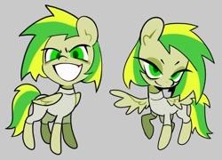 Size: 958x689 | Tagged: safe, artist:yen00280, oc, oc:wooden toaster, pegasus, gray background, green eyes, green mane, grin, simple background, smiling, solo, teeth