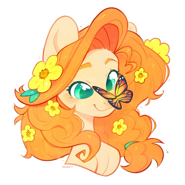 Size: 1213x1213 | Tagged: safe, artist:zubastyypersik, pear butter, butterfly, earth pony, monarch butterfly, pony, g4, :3, blushing, braid, bust, buttercup, butterfly on nose, colored eyebrows, colored pupils, curly mane, cute, eye shimmer, eyebrows, featured image, female, flower, flower in hair, fluffy mane, high res, insect on nose, looking at something, mare, orange mane, pearabetes, pie family, puppy dog eyes, signature, simple background, smiling, solo, white background