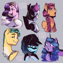 Size: 2160x2160 | Tagged: safe, artist:twillow, hitch trailblazer, izzy moonbow, misty brightdawn, pipp petals, sunny starscout, zipp storm, earth pony, pegasus, pony, unicorn, g5, female, gray background, group, high res, male, mane five, mane six (g5), mare, sextet, simple background, stallion
