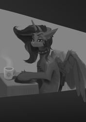 Size: 1754x2480 | Tagged: safe, artist:hoofindust, princess luna, alicorn, pony, g4, black and white, collar, grayscale, monochrome, morning, mug, sketch, spiked collar, wings