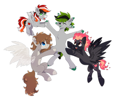 Size: 2500x2000 | Tagged: safe, artist:lambydwight, oc, oc only, oc:apple bite, oc:mourning rain, oc:warming blaze, earth pony, pegasus, pony, 2024 community collab, derpibooru community collaboration, artificial wings, augmented, group, hybrid oc, magic, magic wings, mane of fire, ponysona, simple background, transparent background, wings
