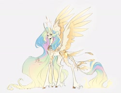 Size: 2048x1570 | Tagged: safe, artist:iheyyasyfox, princess celestia, alicorn, pony, g4, concave belly, female, leonine tail, long feather, long legs, looking at you, mare, simple background, slender, solo, spread wings, tail, tail feathers, tall, thin, white background, wings