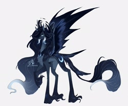 Size: 2048x1699 | Tagged: safe, artist:iheyyasyfox, princess luna, alicorn, pony, g4, chest fluff, concave belly, female, hair over one eye, hybrid wings, leonine tail, long feather, long legs, looking at you, mare, simple background, slender, solo, spread wings, starry hooves, starry wings, tail, tail feathers, tall, thin, unshorn fetlocks, white background, wings