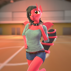 Size: 2160x2160 | Tagged: safe, artist:olkategrin, oc, oc only, oc:humble heat, demon, demon pony, devil, anthro, 3d, 3d model, backpack, black mane, blurry background, breasts, choker, clothes, collar, cute, demon horns, demon wings, denim, denim shorts, devil horns, ears, fangs, female, gym, horns, long tail, model, pose, reasonably sized breasts, red body, school, shorts, skateboard, small wings, smiling, solo, source filmmaker, spiked choker, standing, standing on one leg, tail, teeth, wings