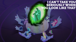 Size: 2000x1125 | Tagged: safe, edit, edited screencap, editor:quoterific, screencap, applejack, fluttershy, pinkie pie, queen chrysalis, rainbow dash, rarity, spike, twilight sparkle, alicorn, changeling, changeling queen, earth pony, pegasus, pony, unicorn, g4, to where and back again, cutie map, disguise, disguised changeling, female, mane seven, mane six, mare, twilight sparkle (alicorn), twilight's castle