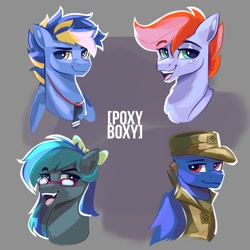 Size: 2250x2250 | Tagged: safe, artist:poxy_boxy, oc, oc only, oc:summer breeze (pegasus), earth pony, pegasus, pony, clothes, eyebrows, eyebrows visible through hair, female, freckles, glasses, male, mare, military uniform, open mouth, open smile, signature, smiling, stallion, tongue out, uniform