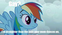 Size: 640x360 | Tagged: safe, edit, edited screencap, screencap, rainbow dash, friendship is magic, g4, caption, image macro, solo, text, your mom