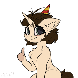 Size: 1500x1500 | Tagged: safe, artist:airfly-pony, oc, oc only, oc:nastich karandasheva, pony, unicorn, 2024, hat, looking at you, party hat, pony with hands, short hair, simple background, smiling, solo, suddenly hands, white background