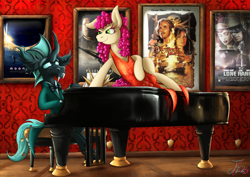 Size: 1750x1237 | Tagged: safe, artist:jamescorck, oc, oc:chelicera, oc:cotton bucket, changeling, pony, clothes, dress, movie poster, musical instrument, piano, tuxedo