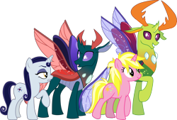 Size: 4321x2927 | Tagged: safe, artist:cloudy glow, artist:frownfactory, artist:lightningbolt, derpibooru exclusive, edit, vector edit, moonlight raven, pharynx, sunshine smiles, thorax, changedling, changeling, pony, unicorn, canterlot boutique, g4, to change a changeling, .ai available, .svg available, antlers, brothers, crack shipping, curved horn, double date, duo, duo male and female, female, green coat, grin, happy, high res, horn, horns, insect wings, king thorax, looking at you, male, mare, prince pharynx, purple eyes, raised hoof, red wings, ship:ravenpharynx, ship:sunshinerax, shipping, show accurate, siblings, simple background, sisters, smiling, spread wings, standing, straight, transparent background, transparent wings, vector, wings