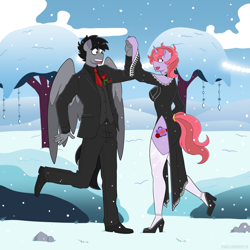 Size: 2048x2048 | Tagged: safe, artist:shallowwin, oc, oc only, pegasus, unicorn, anthro, anthro oc, clothes, commission, dancing, dress, female, high heels, male, oc x oc, pegasus oc, shipping, shoes, snow, snowfall, stockings, suit, thigh highs, tuxedo