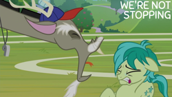 Size: 2000x1125 | Tagged: safe, edit, edited screencap, editor:quoterific, screencap, discord, sandbar, draconequus, earth pony, pony, a matter of principals, g4, season 8, angry, baseball cap, buckball field, cap, colt, duo, duo male, eyes closed, foal, gritted teeth, hat, intimidated, male, stallion, sweat, sweatdrops, teenager, teeth, whistle, yelling