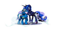 Size: 5000x2480 | Tagged: safe, artist:dormin-dim, princess luna, oc, oc:moon rise, alicorn, pony, unicorn, g4, canon x oc, commission, crown, duo, ethereal mane, female, glasses, hoof shoes, horn, jewelry, kissing, male, mare, regalia, simple background, stallion, starry mane, transparent background, unicorn oc, wings, ych result