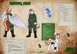 Size: 4961x3508 | Tagged: safe, artist:capouccino, oc, oc only, oc:thunder mane, alicorn, anthro, plantigrade anthro, fallout equestria, alicorn oc, anthro oc, bag, blue eyes, commission, cutie mark, fallout equestria oc, female, horn, mare, mercenary, pipbuck, reference sheet, saddle bag, scar, wings