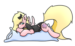 Size: 1246x775 | Tagged: safe, artist:taps, oc, oc only, pegasus, pony, blushing, body pillow, bow, clothes, female, lying down, panties, prone, shirt, simple background, solo, t-shirt, transparent background, underwear
