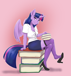 Size: 1406x1500 | Tagged: safe, artist:empyu, twilight sparkle, alicorn, anthro, g4, barefoot, book, breasts, cleavage, clothes, feet, gradient background, reasonably sized breasts, redraw, shoe dangling, shoes, simple background, stockings, stupid sexy twilight, thigh highs, twilight sparkle (alicorn)