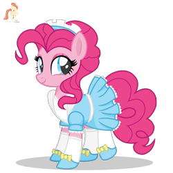 Size: 2288x2288 | Tagged: safe, artist:r4hucksake, pinkie pie, earth pony, pony, g4, alternate hairstyle, base used, bow, clothes, cute, diapinkes, dress, eyeshadow, female, high res, looking at you, maid, maid headdress, makeup, mare, pinkie maid, shoes, simple background, smiling, smiling at you, socks, solo, transparent background