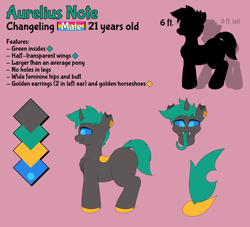 Size: 5500x5000 | Tagged: safe, artist:jacqueling, oc, oc:aurelius note, changeling, changeling oc, male, reference sheet, solo, tongue out
