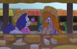 Size: 4022x2554 | Tagged: safe, artist:carnifex, rarity, pony, unicorn, crisis equestria, g4, cheese, cheese hat, chip and dale rescue rangers, clothes, female, festival, food, forced smile, gadget hackwrench, grin, hat, high res, mare, market, nose wrinkle, ponified, scarf, smiling