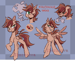 Size: 1000x810 | Tagged: safe, artist:berozova, oc, oc only, oc:firecracker smoke, pegasus, pony, bags under eyes, blushing, cigarette, freckles, grin, leg freckles, lidded eyes, male, one eye closed, pegasus oc, raised hoof, reference sheet, shoulder freckles, signature, smiling, smoke, smoking, spread wings, stallion, wings