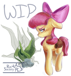 Size: 2464x2672 | Tagged: safe, artist:ratsociety, apple bloom, earth pony, pony, g4, bag, female, filly, foal, plant, pouting, saddle bag, simple background, solo, text, white background, wip