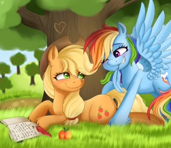 Size: 2048x1776 | Tagged: safe, artist:galaxy swirl, applejack, rainbow dash, earth pony, pegasus, pony, g4, apple, apple tree, book, cute, dashabetes, duo, duo female, eye clipping through hair, eyebrows, eyebrows visible through hair, feather, female, jackabetes, lesbian, looking at each other, looking at someone, quill, ship:appledash, shipping, spread wings, tree, wings