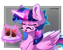 Size: 2269x1795 | Tagged: safe, artist:yuris, twilight sparkle, alicorn, pony, g4, chest fluff, colored pinnae, drink, ear fluff, ears up, eyes closed, facial hair, female, glass, gradient background, magic, mare, moustache, open mouth, signature, solo, telekinesis, tray, twilight sparkle (alicorn)