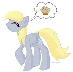 Size: 3439x3365 | Tagged: safe, artist:cattstaycool, derpy hooves, pegasus, pony, g4, blueberry muffin (food), female, food, happy, mare, muffin, simple background, solo, that pony sure does love muffins, thought bubble, white background