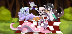 Size: 4608x2160 | Tagged: safe, artist:juiss, oc, oc:captain juiss, oc:star moonlight, earth pony, goo, goo pony, lamia, original species, pegasus, pony, snake, snake pony, burger, cup, eating, food, picnic, slime, teacup, teapot