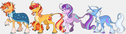 Size: 2048x566 | Tagged: safe, artist:wanderingpegasus, starlight glimmer, sunburst, sunset shimmer, trixie, classical unicorn, pony, unicorn, g4, cloven hooves, curved horn, group, horn, leonine tail, male, redraw, remake, simple background, stallion, tongue out, unshorn fetlocks, white background