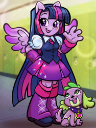 Size: 1800x2400 | Tagged: safe, artist:sparkytopia, part of a set, spike, twilight sparkle, dog, human, equestria girls, g4, arm warmers, boots, canterlot high, clothes, cute, duo, high heel boots, leg warmers, lockers, long hair, looking at you, open mouth, ponied up, pony ears, puffy sleeves, shirt, shoes, skirt, spike the dog, waving, wings