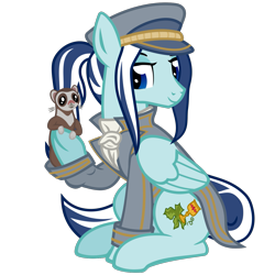 Size: 1406x1406 | Tagged: safe, artist:the smiling pony, oc, oc only, oc:sosidge, oc:splendence, ferret, pegasus, pony, 2024 community collab, derpibooru community collaboration, g4, .svg available, ascot, cap, clothes, coat, folded wings, hat, high ponytail, male, peaked cap, ponytail, sailor, simple background, sitting, smiling, solo, stallion, svg, transparent background, uniform, vector, wings