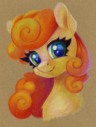 Size: 905x1200 | Tagged: safe, artist:maytee, carrot top, golden harvest, earth pony, pony, g4, bust, colored pencil drawing, portrait, smiling, solo, toned paper, traditional art