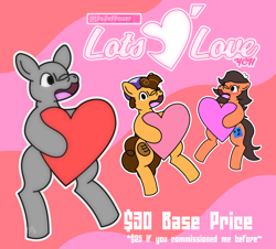 Size: 2146x1942 | Tagged: safe, artist:epsipeppower, oc, oc:robertapuddin, oc:sour dough, advertisement, commission, heart, holiday, love, valentine, valentine's day, ych example, your character here