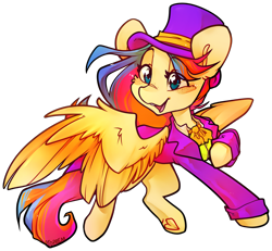 Size: 4873x4496 | Tagged: safe, artist:midnightpremiere, oc, oc only, oc:golden gates, pegasus, pony, 2024 community collab, derpibooru community collaboration, babscon, babscon 2024, clothes, convention, convention:babscon, flying, hat, long hair, open mouth, raised hoof, roald dahl, simple background, smiling, solo, top hat, transparent background, tuxedo, willy wonka, willy wonka and the chocolate factory, wings