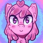 Size: 900x900 | Tagged: safe, artist:bubblegooey, oc, oc only, oc:bubblegooey, goo, goo pony, original species, animated, blushing, boop, cute, ear fluff, gif, heart, icon, looking at you, pink mane, purple eyes, raised hoof, smiling, smiling at you, solo, text